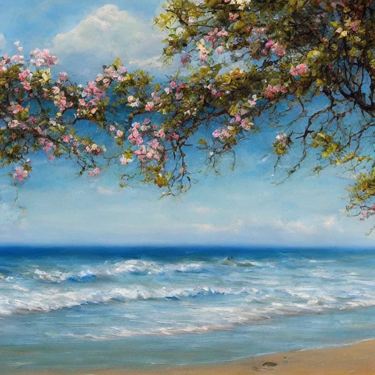 Prompt: a beautiful masterpiece painting of a coastal beach seascape in spring with by juan gimenez, award winning, trending on artstation,