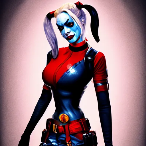 Image similar to Harley Quinn from the suicide squad, portrait, playful, fantasy, medieval, beautiful face, vivid colrs, elegant, concept art, sharp focus, digital art, Hyper-realistic, 4K, Unreal Engine, Highly Detailed, HD, Dramatic Lighting by Brom, trending on Artstation