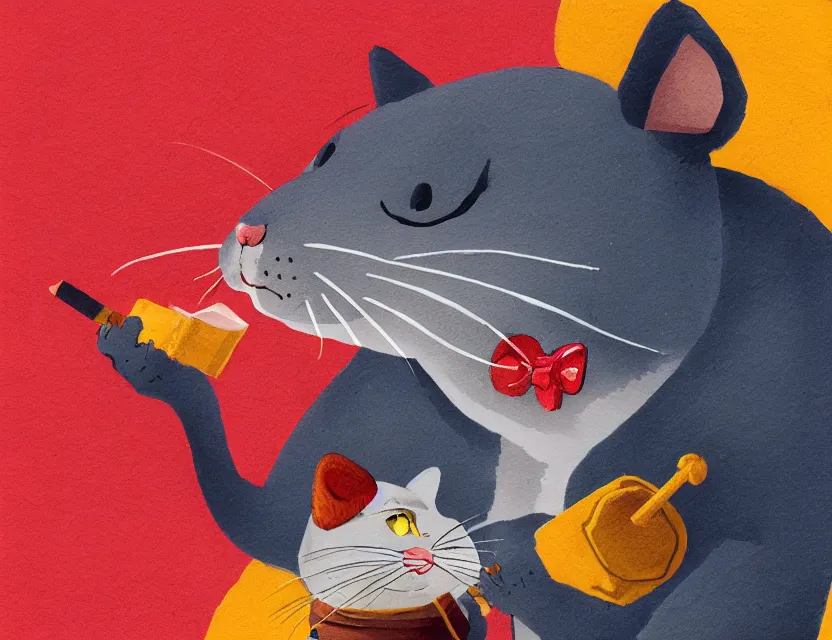 Image similar to adventurer mouse smoking a joint with the cat, cat has big red eyes, tired look. complementary colors, gouache, indie concept art, bloom, chiaroscuro, backlighting, intricate details.