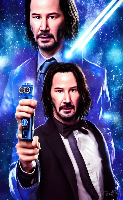 Image similar to portrait of Keanu reeves as 10th Doctor Who in the TARDIS with sonic screwdriver, Photo, High details, 8k, DSLR, long shot