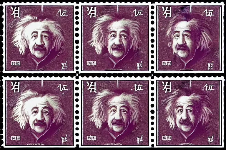 Prompt: engraved japanese postage stamp of albert einstein with theory of relativity, detailed!!! color engraving in the style of a postage stamp, fine!!! lines