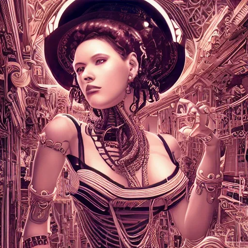 Image similar to the portrait of an absurdly graceful, sophisticated, fashionable ottomanpunk robotess idol, an ultrafine hyperdetailed illustration by kim jisu, intricate linework, neon wiring, porcelain skin, unreal engine 5 highly rendered, global illumination, radiant light, detailed and intricate environment, by rutkowski, artgerm, marvel comics