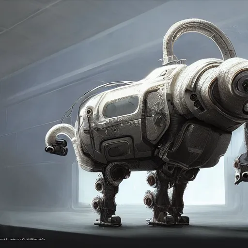 Image similar to robot ram sheep, intricate, sinister, futuristic, ultra realistic, hyper detailed, cinematic, digital art, artstation, trending,