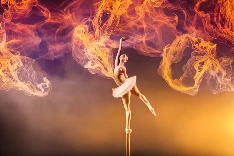 Prompt: playbill of prima ballerina, stage lighting, low angle, oriental scene, hyper realistic, smooth, focus, radiant, dramatic lighting, swirling smoke, low fog, golden hour