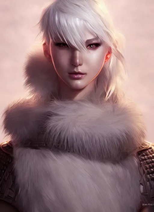 Image similar to warrior, fur leather armor!!! beautiful and elegant white hair female!! gorgeous ayes!! character concept art, sharp focus, octane render! unreal engine 5! highly rendered!! trending on artstation!! detailed linework!! illustration by artgerm, wlop, and chie yoshii