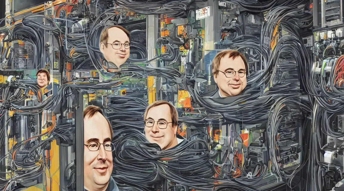 Prompt: Wallpaper of Linus Torvalds in a datacenter painted by fernando botero