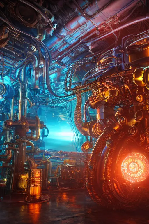 Image similar to cyberpunk octopus, glowing vacuum tubes, symmetric realistic digital art, 3 d render of two huge futuristic steampunk generators inside a huge steampunk engine, 8 k, fluorescent colors, halluzinogenic, multicolored, exaggerated detailed, unreal engine