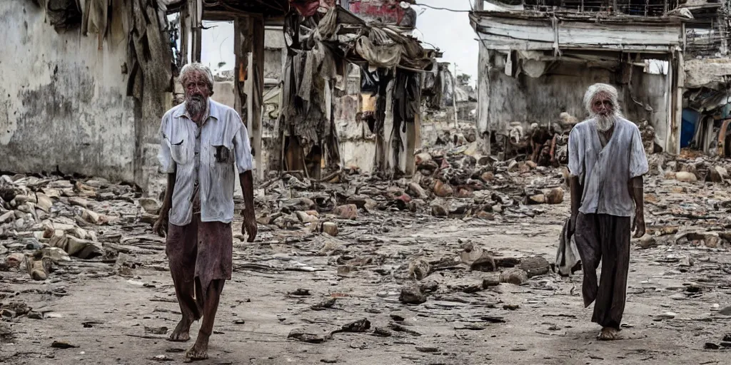 Prompt: an old man in rags wandering in the ruins of a post apocalyptic sri lankan city, with various animals around him