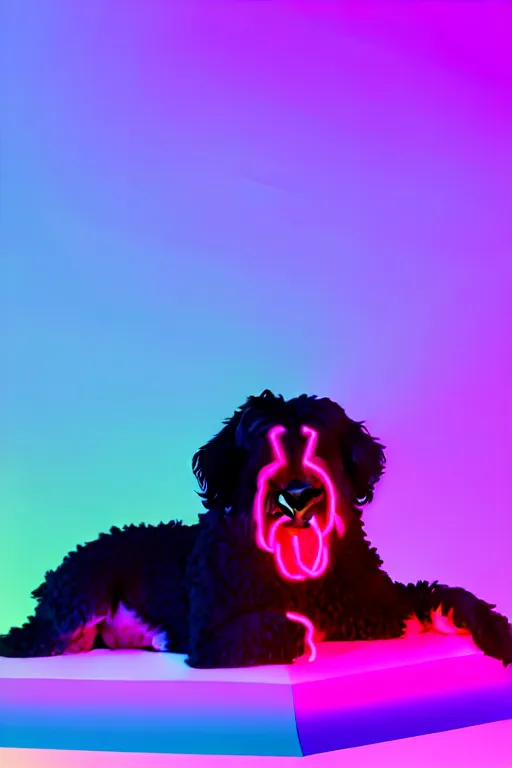 Prompt: a cute bernedoodle puppy sitting in gaming chair + neon rgb light strips, large computer monitor, mountains in background, vaporwave, dramatic, confident, rule of thirds, 4 k, award winning, octane render, volumetric lighting