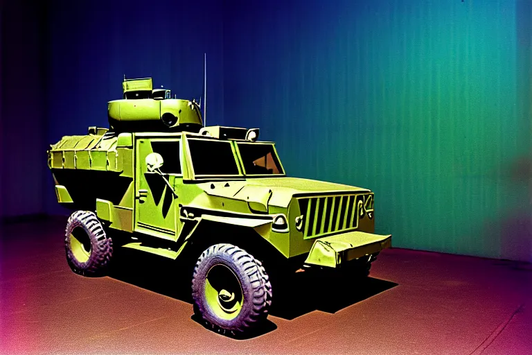 Prompt: stylized poster of a humvee concept, thick neon lights, ektachrome photograph, volumetric lighting, f 8 aperture, cinematic eastman 5 3 8 4 film