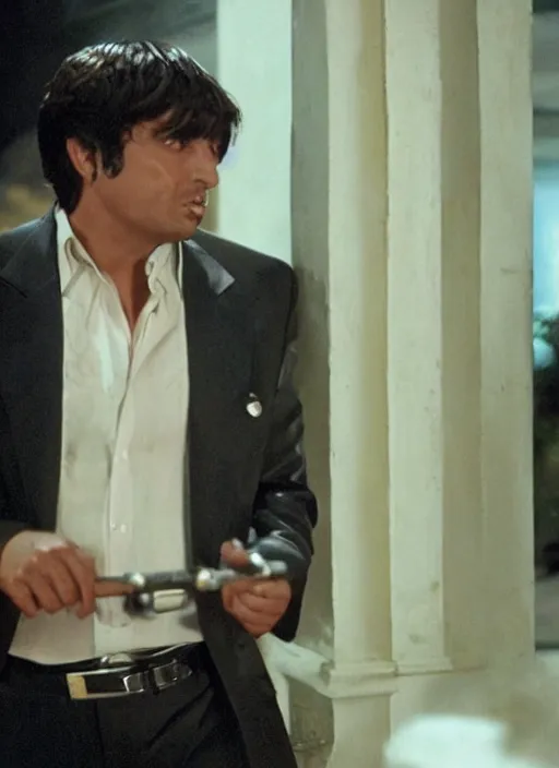 Prompt: film still of Ana de armas as Tony Montana in Scarface,