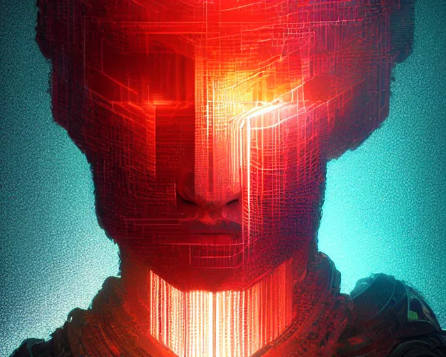 Image similar to portrait of wizard with halo of red cubes intricate abstract. intricate artwork, by tooth wu, wlop, beeple, dan mumford. concept art, octane render, trending on artstation, greg rutkowski very coherent symmetrical artwork. cinematic, key art, hyper realism, high detail, octane render, 8 k, iridescent accents