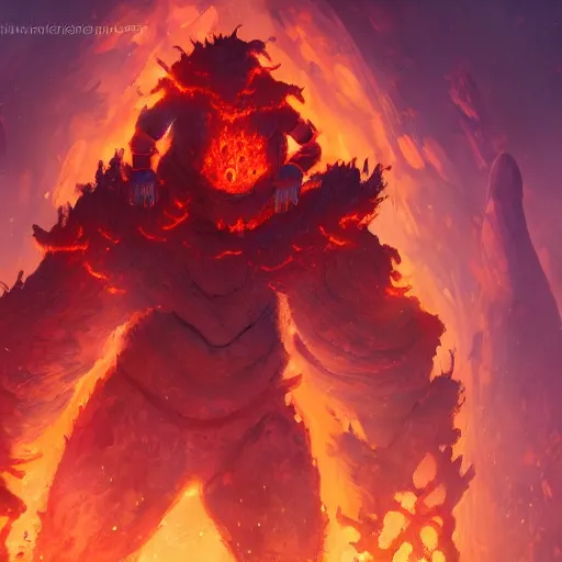 Prompt: fire golem, burning lava background, epic fantasy style, in the style of Greg Rutkowski, hearthstone artwork