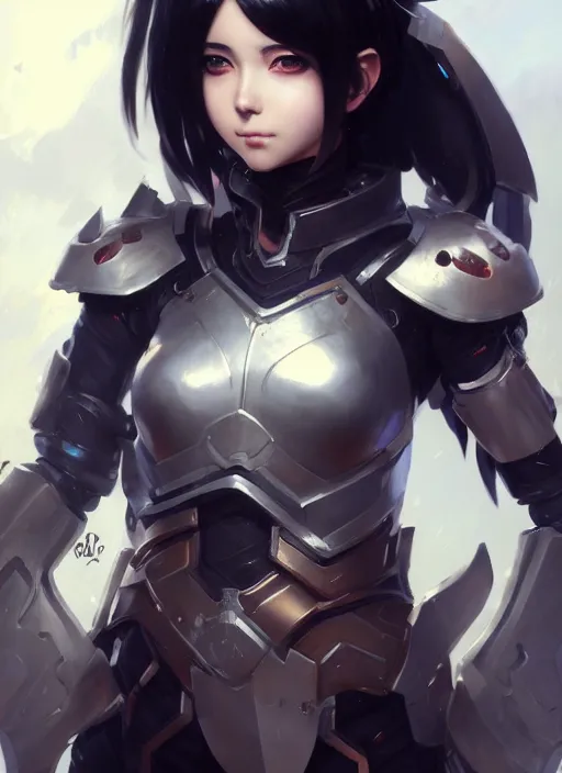 Image similar to Portrait of Anime girl with black hair, she is wearing metal armor around her chest and waist, realistic, detailed, 4k by Greg Rutkowski Mark Arian trending on artstation