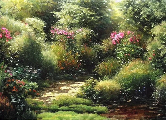 Image similar to oil painting by james gurney of a secret garden, some edges lost, high contrast, subtle tones, calm, serene landscape, beautiful detailed garden painting