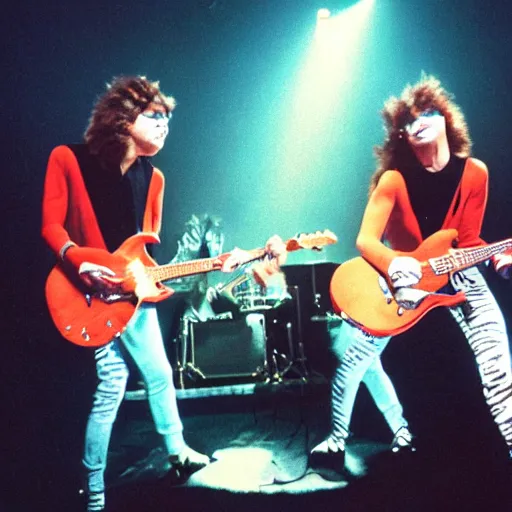 Image similar to concert photo of a rock band of cat, 80s, performing on stage