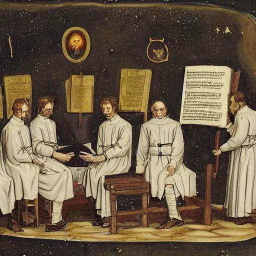 Image similar to a cabal of priests study the pages of the voynich manuscript cinematic mood