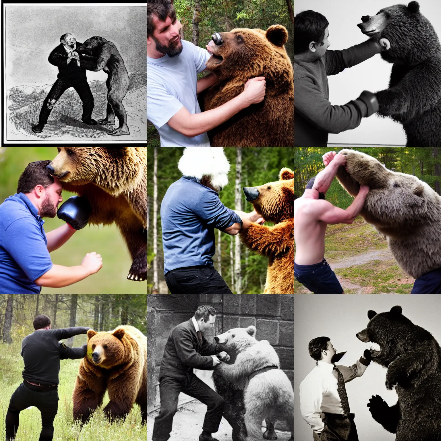 Prompt: photo, A man punching a bear face.