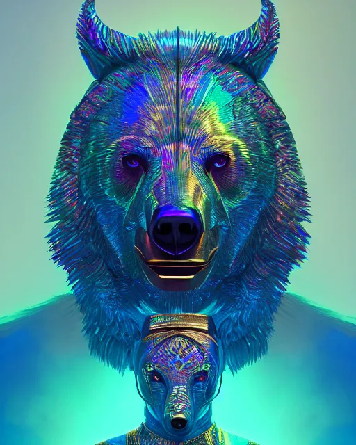 Image similar to highly detailed surreal vfx portrait of a metallic chromatic geometric tribal bear, behance, stephen bliss, unreal engine, greg rutkowski, loish, rhads, beeple, makoto shinkai and lois van baarle, ilya kuvshinov, rossdraws, tom bagshaw, alphonse mucha, global illumination, detailed and intricate environment