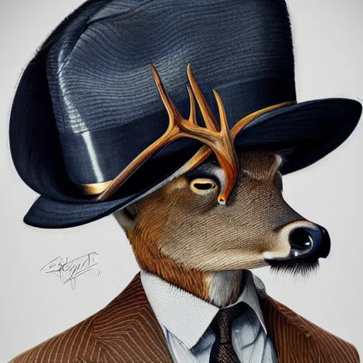 Image similar to a upper body portrait of a deer in a pinstriped suit and pants wearing a fedora with the antlers sticking out of the fedora by artgerm and wlop, intricate detail, digital art, photorealistic, trending on artstation