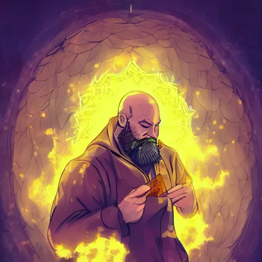Image similar to a bearded, bald man using yellow magic, digital art, trending on pixiv, mage, detailed, ultra hd