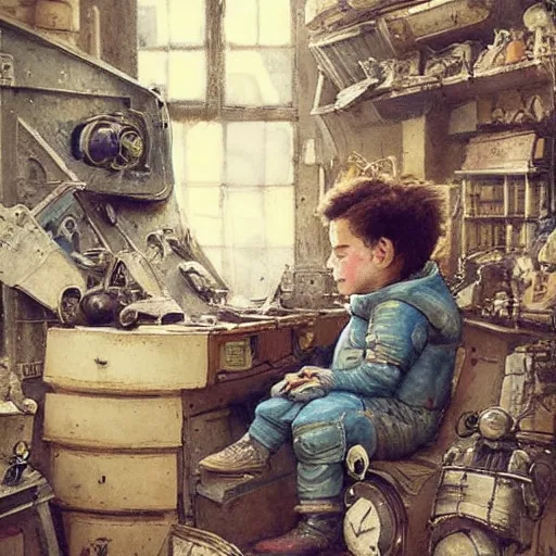 Prompt: ((boy in a retro space suit in a cluttered inventors shop . muted colors.)) by Jean-Baptiste Monge !!!!!!!!!!!!!!!!!!!!!!!!!!!