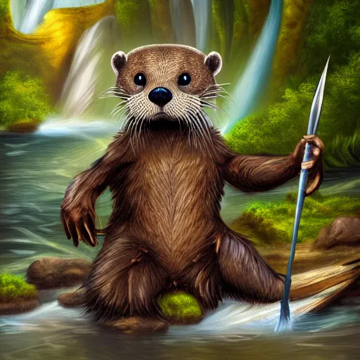 Image similar to furry otter warrior, fantasy art by Kathy Bakett, lightweight armour, near the river, waterfall, digital art, high quality, 4K