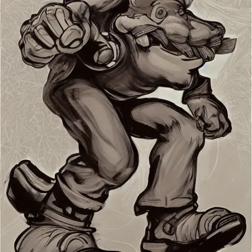 Image similar to mario stomping on a goomba, line art black and white, art by artgerm and greg rutkowski and alphonse mucha