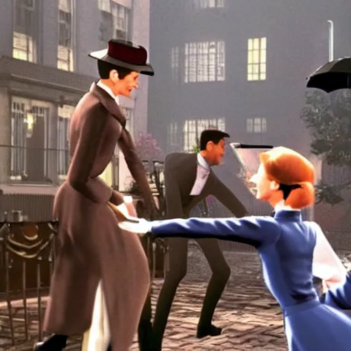 Prompt: a still of from the movie mary poppins crossover with the game parasite eve