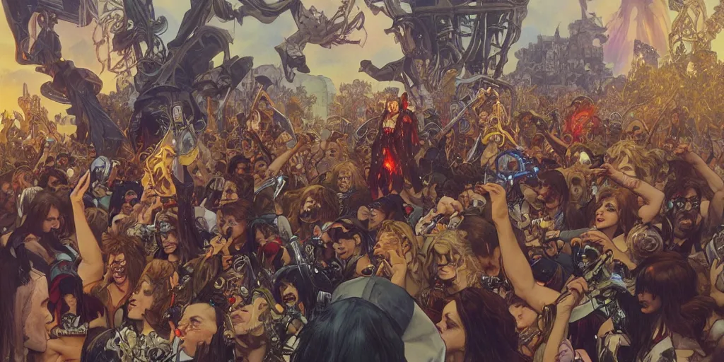 Image similar to Iron Maiden playing their last outdoor show while the world ends, by artgerm and greg rutkowski and alphonse mucha and loish and WLOP, artstation, detailed