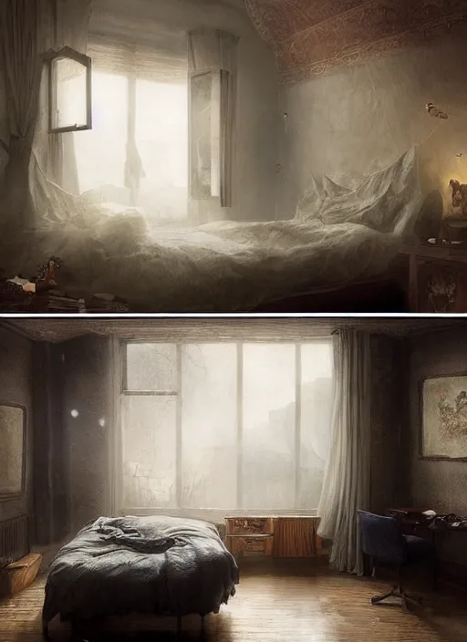Prompt: a dreary bedroom, but above the bed are fantastical scenes of dreams, dreams invading mundane spaces, fantasy infiltrating reality, bubbles of the impossible, 8k, ultradetailed, illustrated by Greg Rutkowski and Caspar David Friedrich.