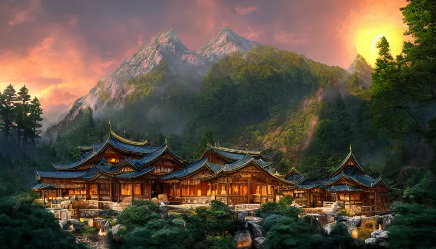Image similar to rivendell with japanese pagodas built in the mountains with waterfalls and forest at the foot of green gigantic mountains at sunset, fireplace, hyperdetailed, artstation, cgsociety, 8 k