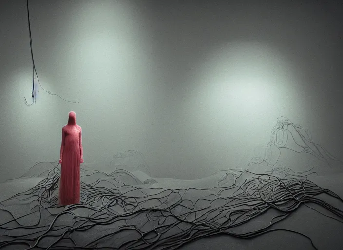 Image similar to rgb, woman, inspired by zdzislaw beksinski, new zealand landscape, clothes made out of veins,, cables everywhere, bedroom, ultra realistic, concept art, intricate details, highly detailed, photorealistic, octane render, 8 k