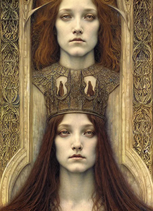 Image similar to detailed realistic beautiful young medieval queen face portrait by jean delville, gustave dore and marco mazzoni, art nouveau, symbolist, visionary, gothic, pre - raphaelite. horizontal symmetry