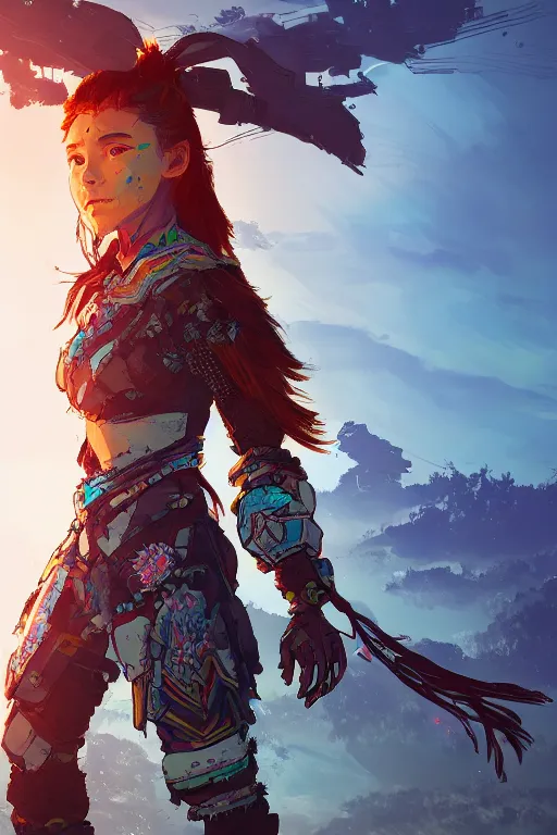 Image similar to combination suit armor aloy horizon forbidden west horizon zero dawn radiating a glowing aura global illumination ray tracing hdr fanart arstation by ian pesty and alena aenami artworks in 4 k tribal robot ninja mask helmet backpack