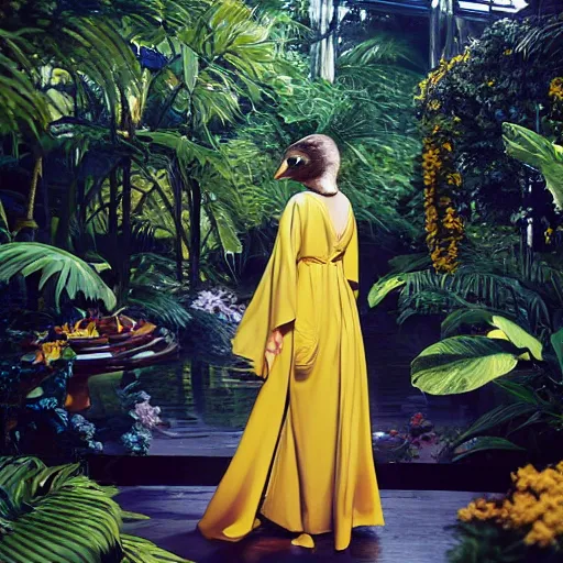 Image similar to head to shoulder film still of an elegant top model wearing a yellow kimono with a very detailed barn owl on her shoulder!!! in a tropical greenhouse. looking at the camera!!. super resolution. 85 mm f1.8 lens.bokeh. graflex. art by Alessio albi and ashley wood and Edmund Blair Leighton and John Singer Sargent! -