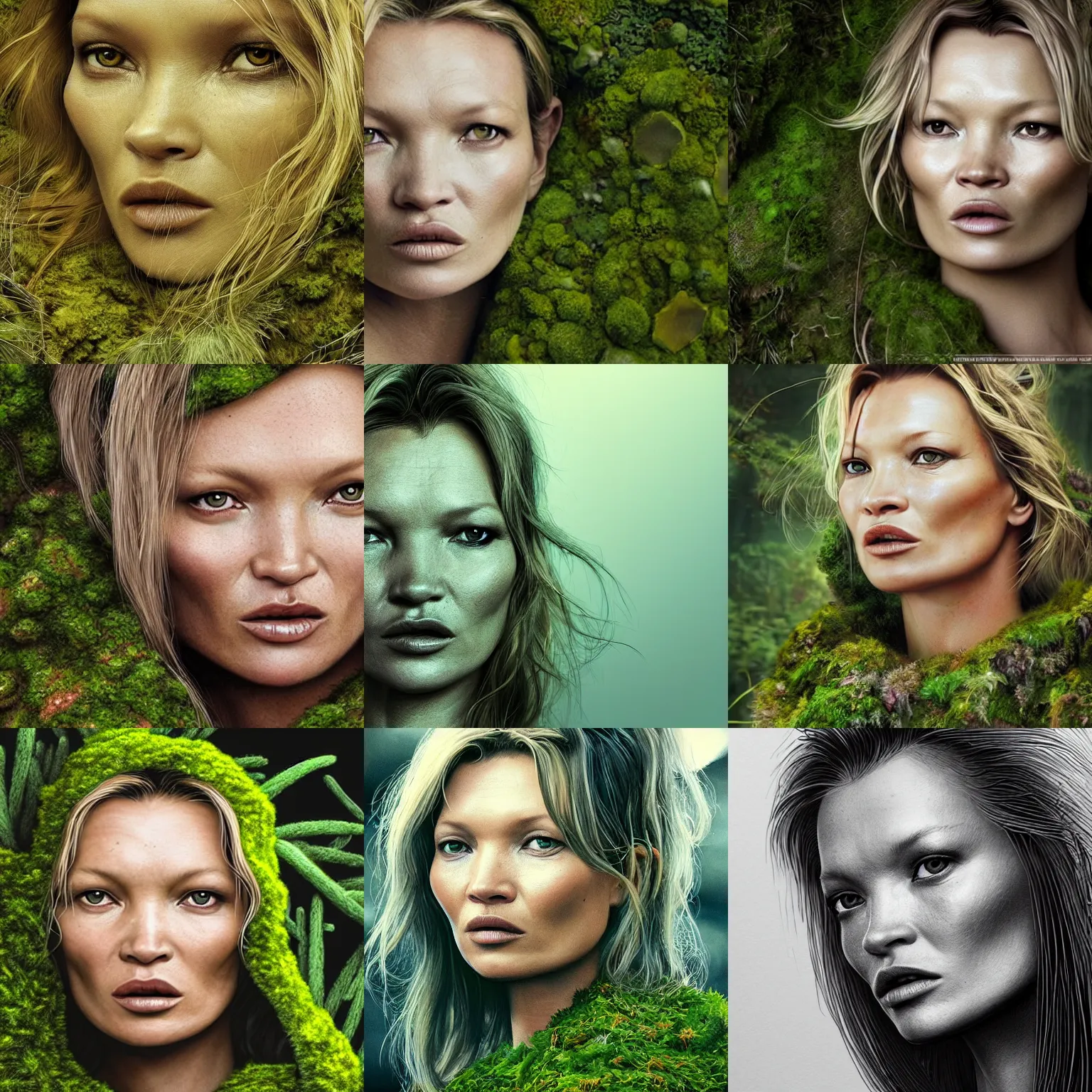 Prompt: portrait isometric drawing, close-up on kate moss in a mossy garden costume, moss skin texture, intricate, epic lighting, cinematic composition, hyper realistic, 8k resolution, unreal engine 5, by Artgerm, tooth wu, dan mumford, beeple, wlop, rossdraws, James Jean, Andrei Riabovitchev, Marc Simonetti, yoshitaka Amano, Artstation