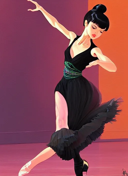 Image similar to a beautiful dancer with black hair in 1960's fashion, ballroom background, intricate, highly detailed, digital painting, artstation, official media, anime key visual, concept art, rich vivid colors, ambient lighting, sharp focus, illustration, art by Artgerm, Makoto Shinkai, Ilya Kuvshinov, Lois Van Baarle, and Rossdraws