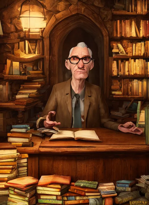 Prompt: an epic fantasy comic book style portrait painting of an aging man with a long nose wearing glasses sitting behind a desk full of books in a cave, unreal 5, daz, hyperrealistic, octane render, cosplay, rpg portrait, dynamic lighting