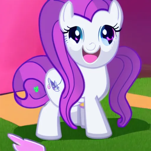 Prompt: Sweetie Belle from My Little Pony: Friendship is Magic, smiling at the user, Pony in reallife, CGI Hyperrealistic Pony sitting in my living room