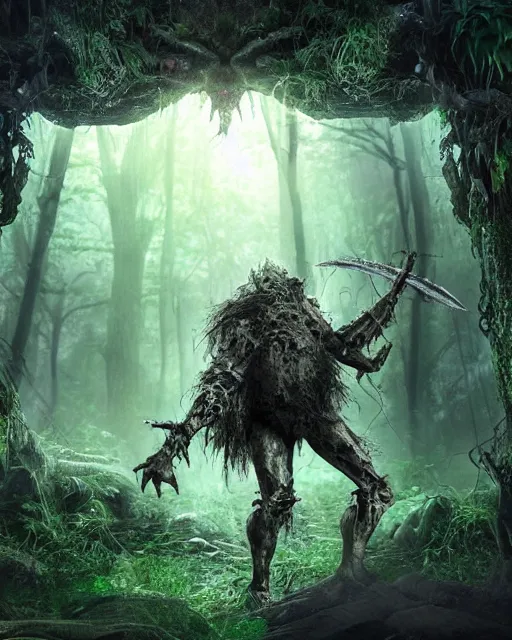 Prompt: a strong knight is facing a horrific monster in a densely overgrown, eerie jungle, fantasy, stopped in time, dreamlike light incidence, ultra realistic