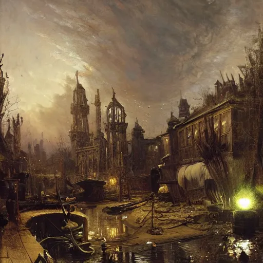 Image similar to painting hr giger tent in a landscape, scifi gadgets in a pond, floral ornaments light beams night, street lights, andreas achenbach