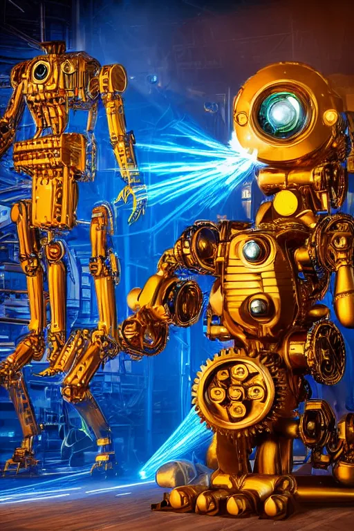 Image similar to portrait photo of a giant huge golden and blue metal humanoid steampunk robot with a huge foammachine shooting foam, with gears and tubes, eyes are glowing red lightbulbs, shiny crisp finish, 3 d render, 8 k, insaneley detailed, fluorescent colors, background is multicolored lasershow