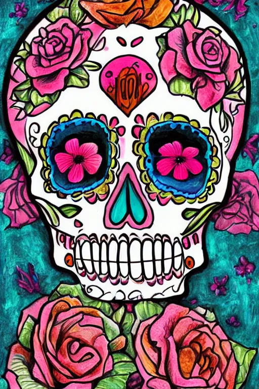 Image similar to illustration of a sugar skull day of the dead girl, art by jacqueline e