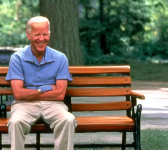 Prompt: color film still of joe biden sitting on a bench in the film forrest gump 1 9 9 4, grinning, close up, detailed