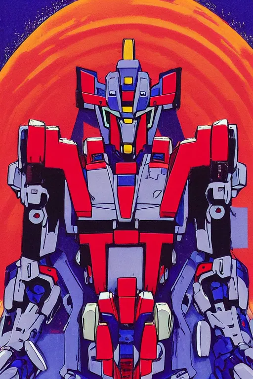 Image similar to risograph grainy painting of gigantic huge evangelion - like gundam mech face, with huge earrings and rings around head with a lot of details, covered with rich jewelry, by moebius and dirk dzimirsky and satisho kon, close - up wide portrait