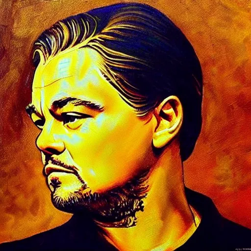 Prompt: “Leonardo DiCaprio, beautiful, golden colors, sharp focus, hyperrealistic impasto”