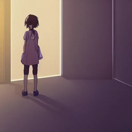 Prompt: a person standing in a room with a door open, an anime drawing by makoto shinkai, cgsociety, postminimalism, anime aesthetic, anime, official art h - 7 6 8