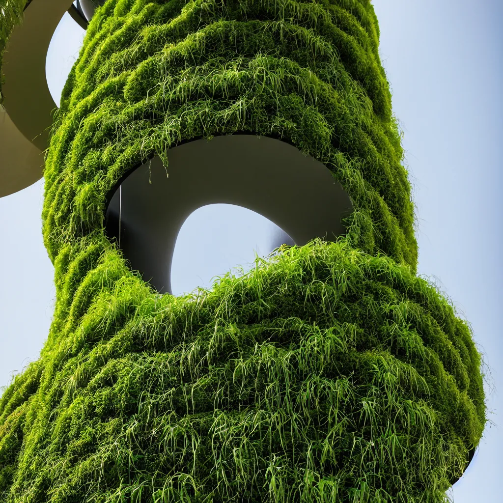 Image similar to torus shaped electrostatic water condensation collector tower, irrigation system in the background, vertical gardens, in the middle of the desert, XF IQ4, 150MP, 50mm, F1.4, ISO 200, 1/160s, natural light