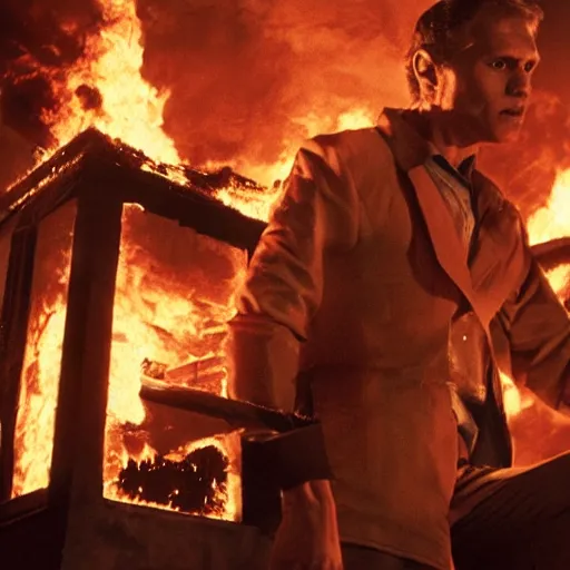 Image similar to Live Action Still of Jerma in The Towering Inferno, real life, hyperrealistic, ultra realistic, realistic, highly detailed, epic, HD quality, 8k resolution, body and headshot, film still